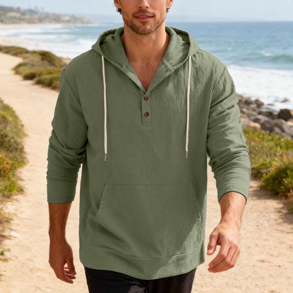 Men's Linen Hooded Long-Sleeved T-Shirt Beachwear & Leisurewear Loose Fit with Large Pockets Henley Neck Top