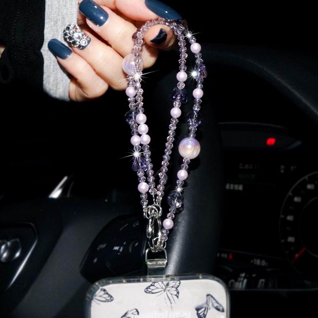Phone Chain Double Chain Light-Changing Pearl Crystal Butterfly Beaded Hanging Chain Decorative Lanyard Fashion Versatile Phone Accessories