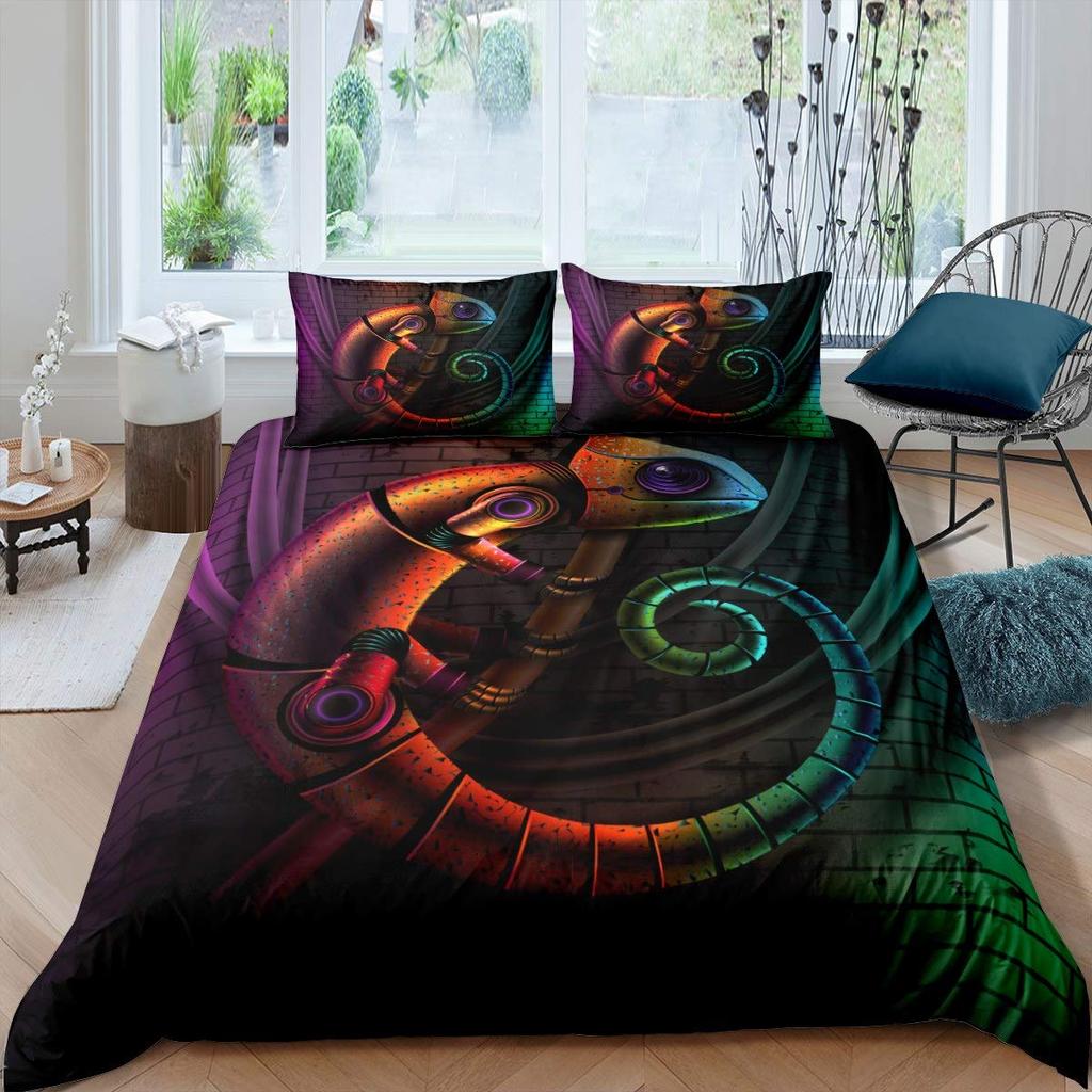 Lizard Duvet Cover Set Reptile Bedding Sets King Size for Boys Girls Toad Tropical Animal Purple Floral Exotic Comforter Cover