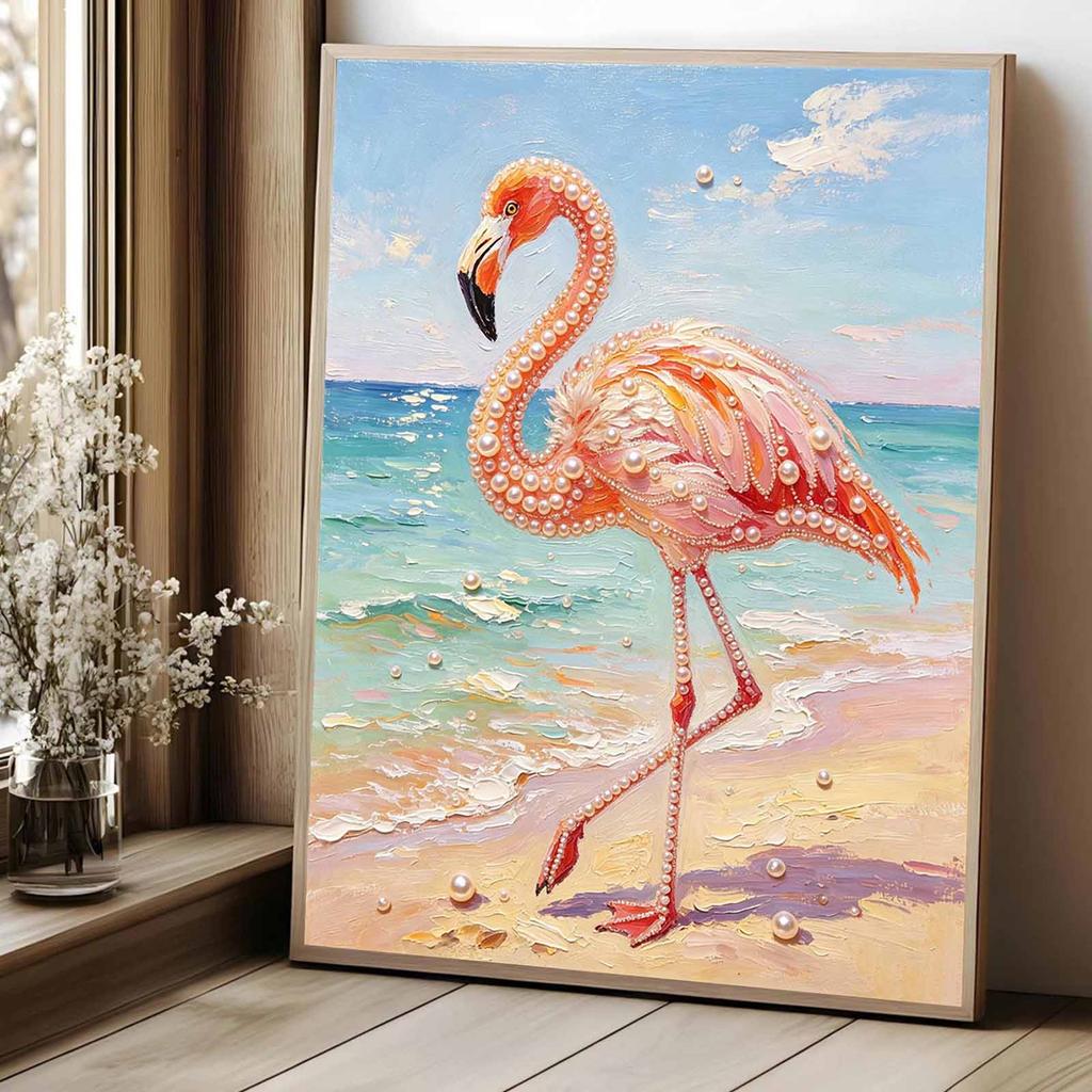 Framed Pearl Painting Kit Flamingo Bird Tropical Beach Scene DIY 3D Bead Art Canvas Relaxing Handmade Craft for Adults Art Decor Gift