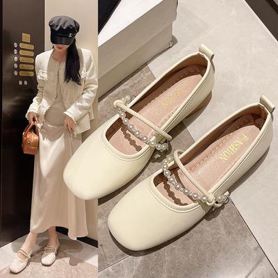 Zapatos bajos planos para mujer primavera boca poco profunda perla hebilla de una palabra cinturón de moda para exterior suela blanda zapatos Doudou