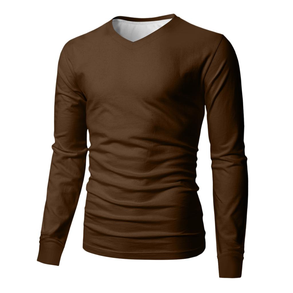 Men's V-neck Casual Solid Color Long-sleeved T-shirt Top