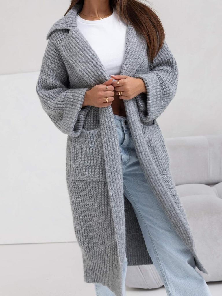2025 Women's Mid-Length Thickened Lapel Pocket Knit Cardigan Sweater Coat