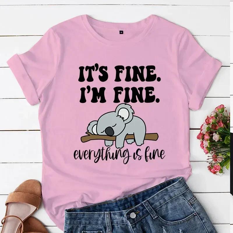 Shirt Its Fine Im Fine Everything Is Fine Cartoon Womens Clothing Womens Fashion Tshirt Koala Print Tops Casual Shortsleeve