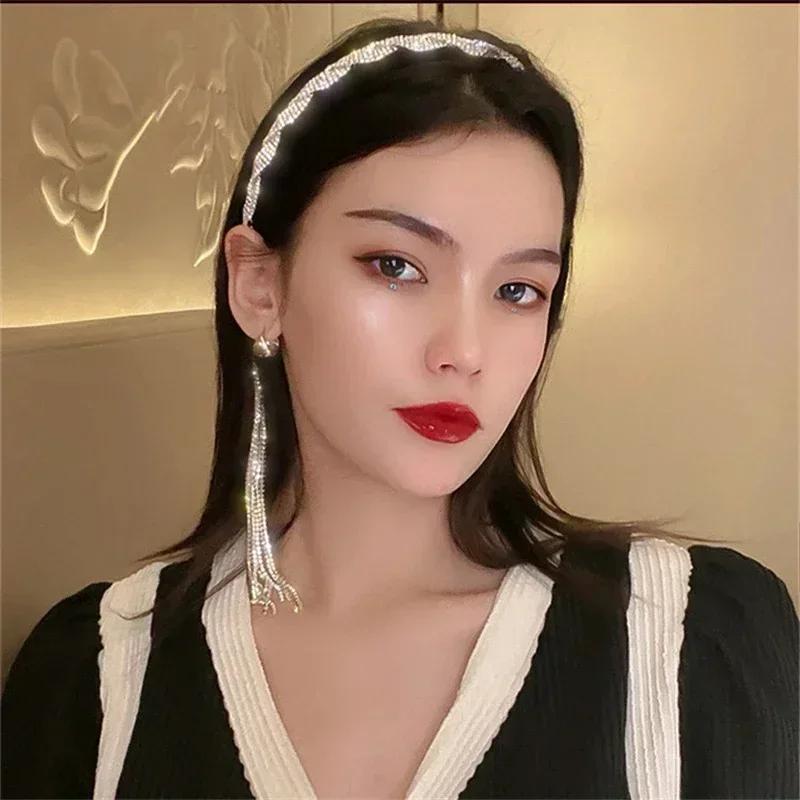 Women Summer Fashion Long Tassel Asymmetry Rhinestone Headband Black Velvet Hair Accessories Jewelry Girl Headwear Creative Gift