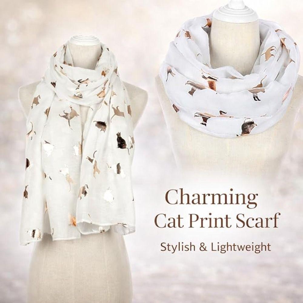 with Frayed Hem Cat Print Scarf Soft Shawl Wrap Creative Gift Animal Scarf