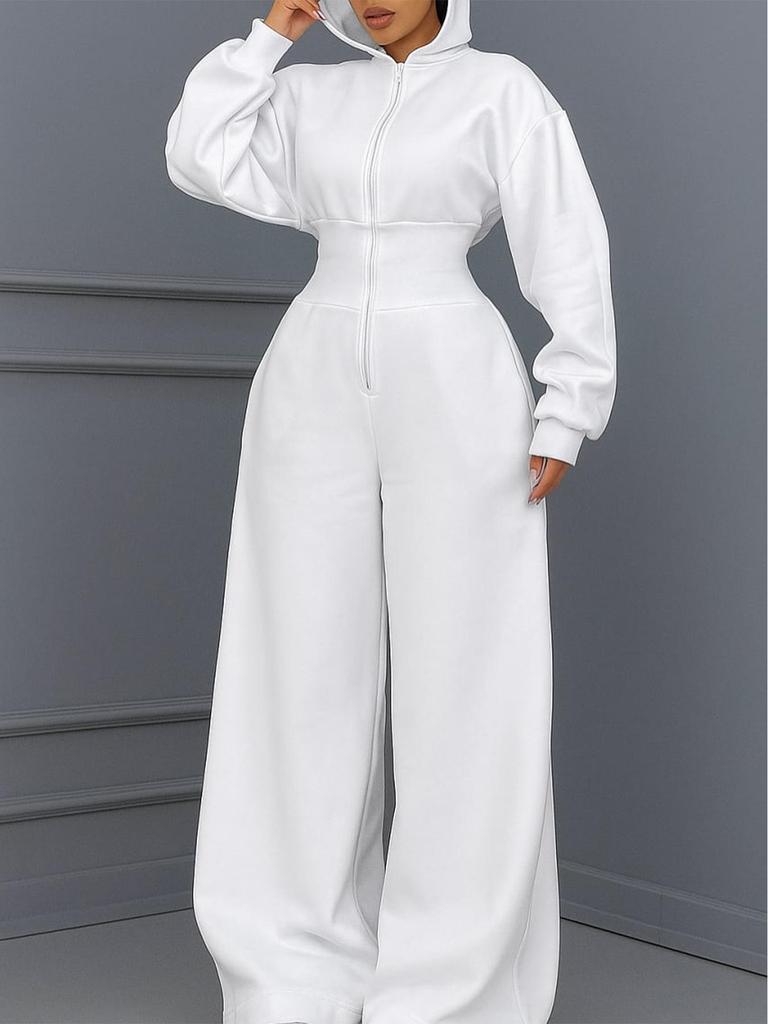 TW818 Women's Hooded Zip-Up Slimming Jumpsuit - Autumn/Winter, Elastic Waist, Solid Color