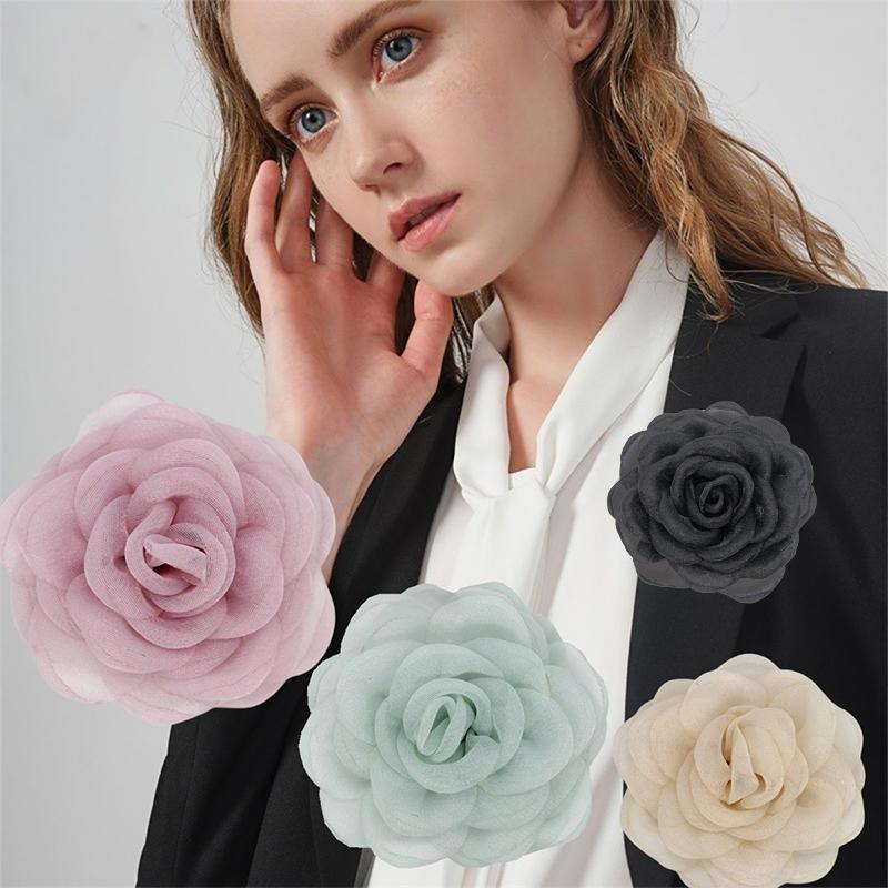 6Cm Black White Camellia Flower Brooches Korean  Corsage Lapel Pins Dress Shirt Suit Accessories For Women Lapel Pins