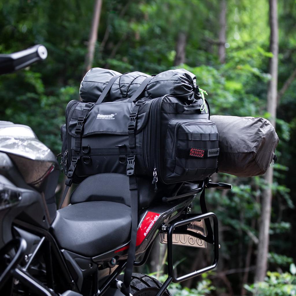 Rhinowalk Motorcycle Touring Seat Adjustable Multifunctional Camping Seat Bag with Shoulder Strap and Reflective Easy Universal Black Bag, 40-60L