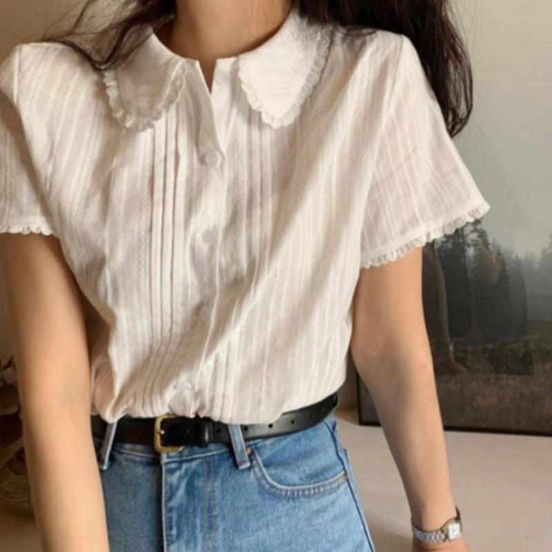 Korean Sle Summer Lace Design Thin Short Sleeve Doll Collar Blouse Anti-Aging Women's Fashion Shirt Pure Color Commute