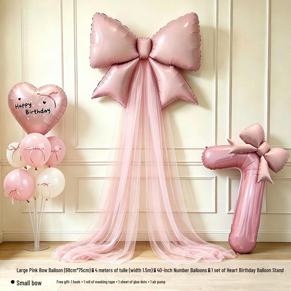 Girls' 5th & 6th Birthday Decor Set with Bow, Net Yarn, and Balloons for a Festive Photo Atmosphere