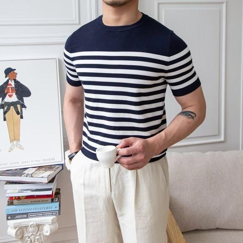 Men's Light-Mature Striped Ice Silk Short-Sleeve Knit Sweater