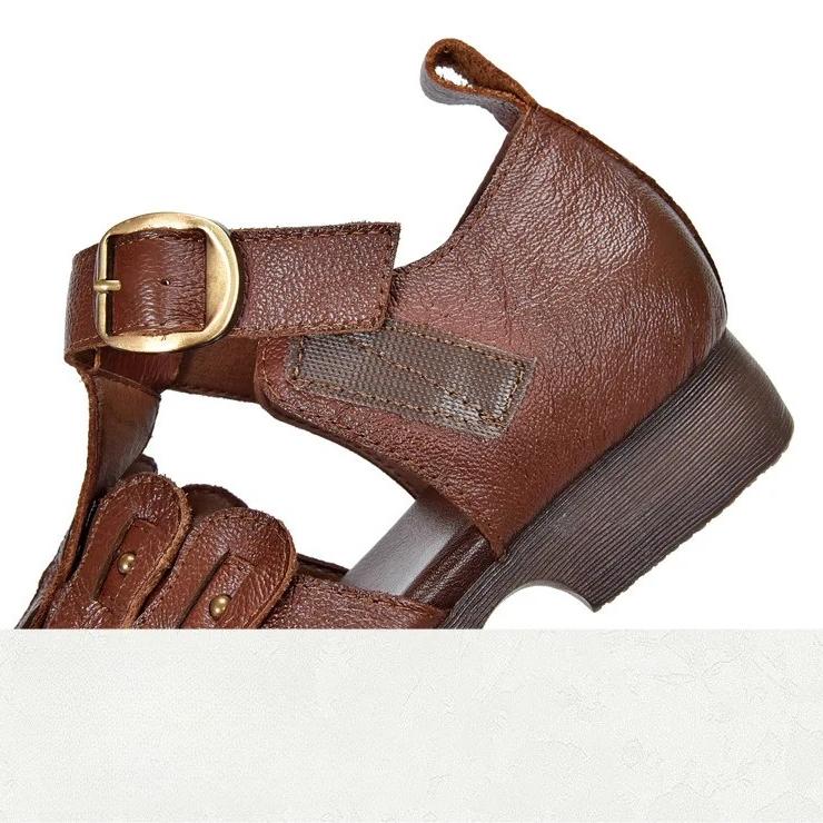 Johnature Genuine Leather Round Toe Soft Soled Sandals Hollow Out Breathable Low Heel Women's Shoes