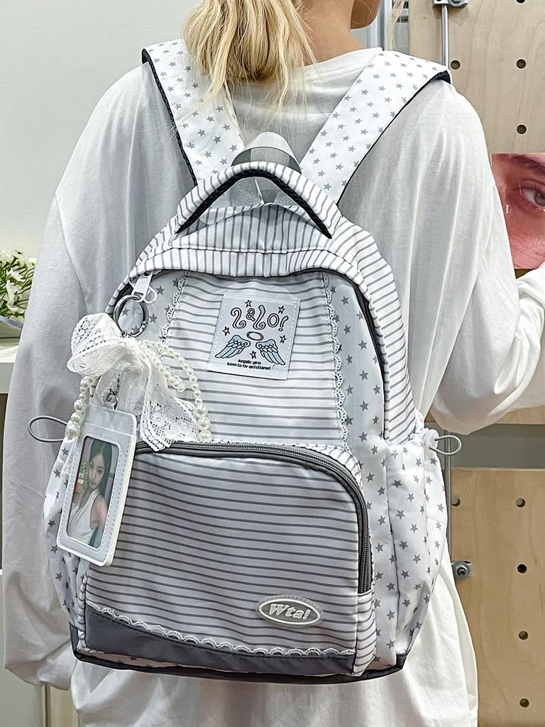 Girl Striped Star Backpack With Waterresistant Nylon For School And Travel Use
