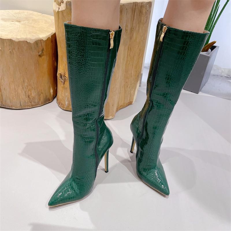 Autumn Winter Zip Knee High Boots Women Sexy Pointed Toe Snake Print Stiletto Heels Party Nachtclub Stripper Shoes Pumps