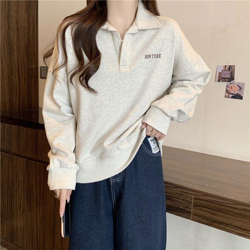 Women Loose Long Sleeve Polo Collar Thin Casual Sweatshirt For Ladies
