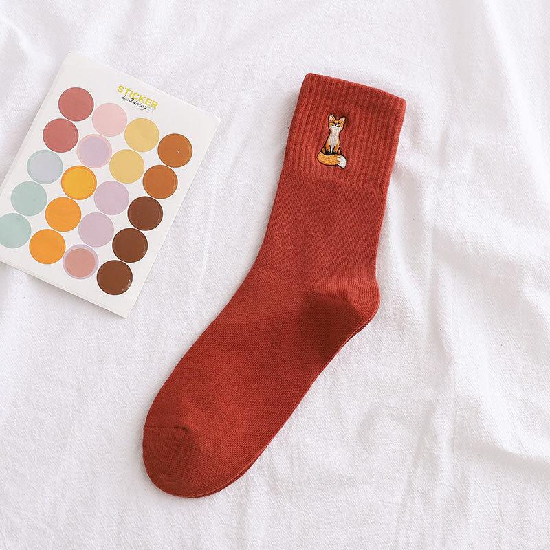 

Осенне-зимние женские носки, милые женские носки с вышивкой лисы и рисунком животных, однотонные хлопковые уличные рождественские носки в стиле Харадзюку