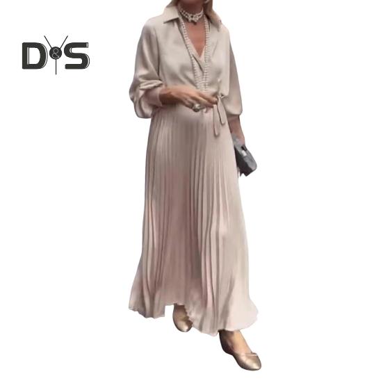 Women Dress Lapel V-Neck Long Sleeve Lace-up High Waist Long Dress Solid Color Pleated Hem Shirt Dress