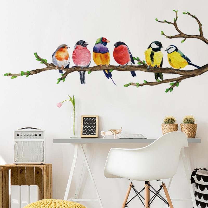 1 Pcs Bird Wall Stickers Colorful Branch Pattern Self-Adhesive & Removable Home Decor For Bedroom