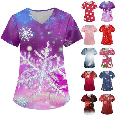 Moda feminina com decote em V manga curta workwear com bolsos tops estampados de natal