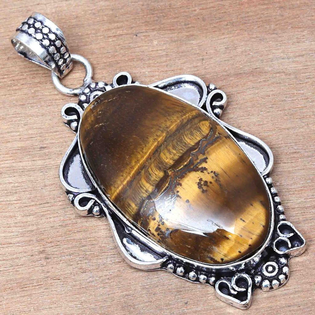 Pendant Tiger's Eye Gemstone Handicraft Valentine'Day Silver Jewelry 2.25"