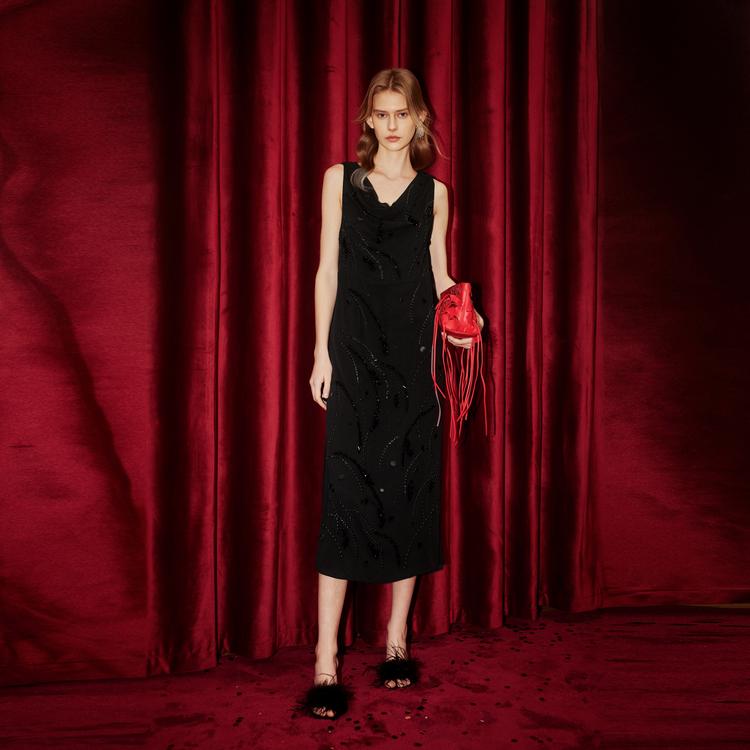 Elle X Xuzhi Collaboration New Year Series French Style Subtle Pattern Solid Color Midi Sleeveless Dress Women dresses Black EL50745