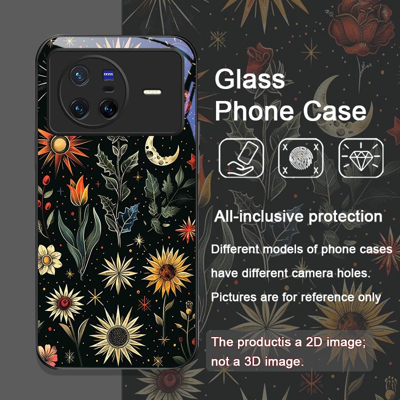 Aesthetic Sunflowers and Moon Pattern Tempered Glass Phone Case for OPPO Reno 13F 12 11 10 Pro Plus Find X8 X5 X3 Lite 5G Cover