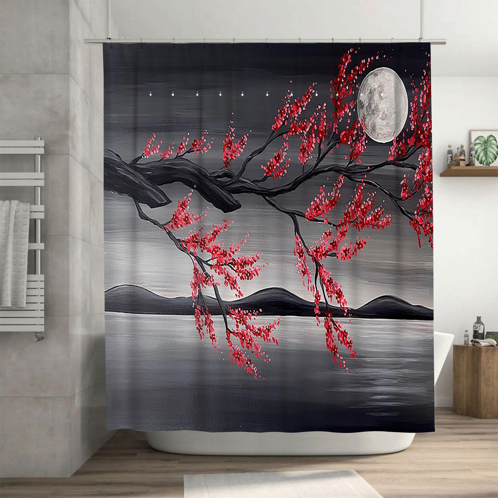 

Red Blossoms and Moon Waterproof Shower Curtain Heat Resistant Machine Washable Non-Transparent 180x180cm 90X180cm(35x70in)