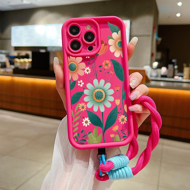 Wrist Chain Lanyard Phone Case for iPhone 11 12 13 14 15 16 Pro MAX XS Max XR 7 8 16 Plus Cute Flower Hand Strap Soft TPU Cover