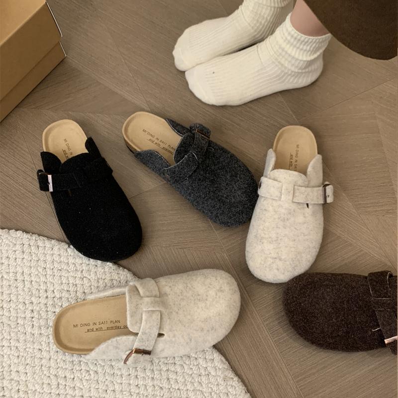 Fashion Woman's Fleece Felt Mule Clogs Closed Toe Real Soft Cork Footbed Slide Slippers Ladies Winter Warm Plush Birken Sandals