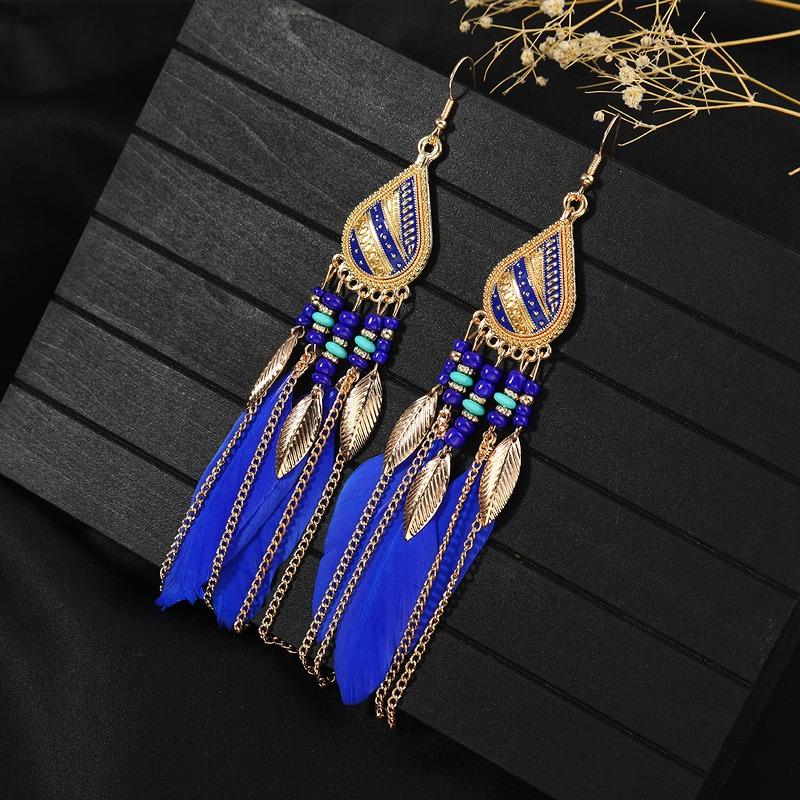 Retro Feather Fringed Earrings Women's Niche Personality Bohemian Blue Long Yunnan Travel Photography Earrings