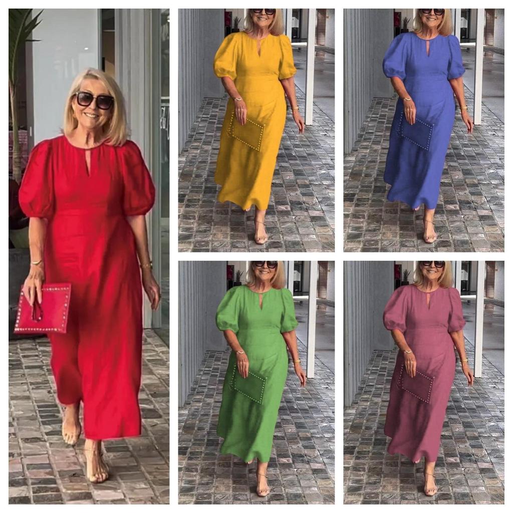 Women's Solid Color Casual Round Neck Puff Sleeve Loose Plus Size Long Dress