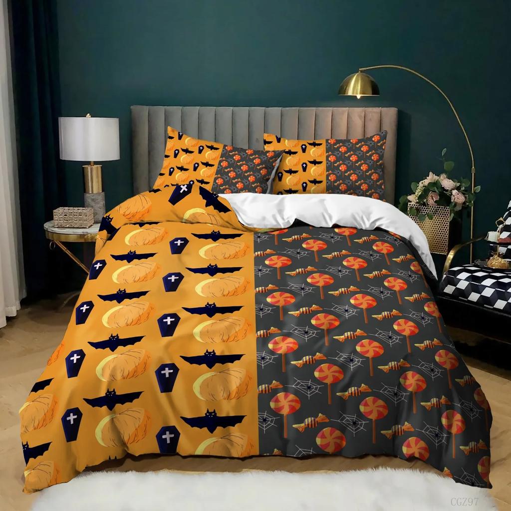 Halloween Bedding Set Gothic Spooky Duvet Cover Pumpkin Lantern Comforter Cover for Kids Boys Bat Spider Web Comforter Cover