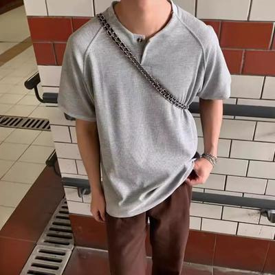 Men Shirt Round Neck Buttons Half Placket Short Sleeve Loose Fit Tops Waffle Texture Casual Tee Shirt Home Gym Streetwear