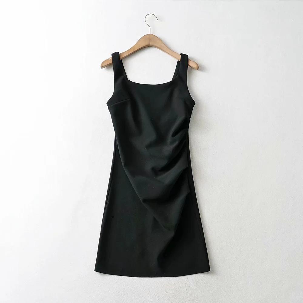 2025 Side Pleated Vest Dress, European And American Style Women'S New Solid Color Tight Strap Dress