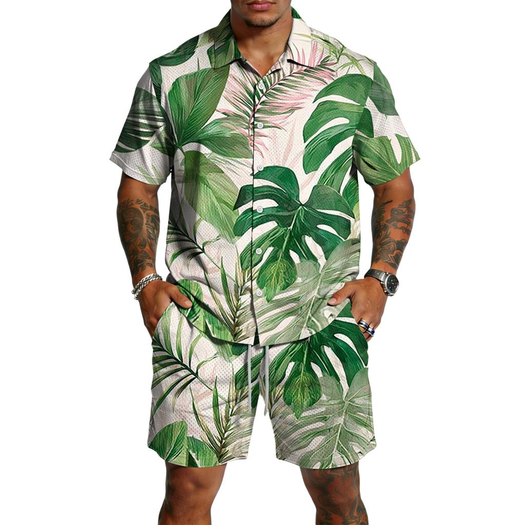 Men's Casual Print Matching Set - Lightweight Breathable Top and Drawstring Shorts 2-Piece Outfit for Summer