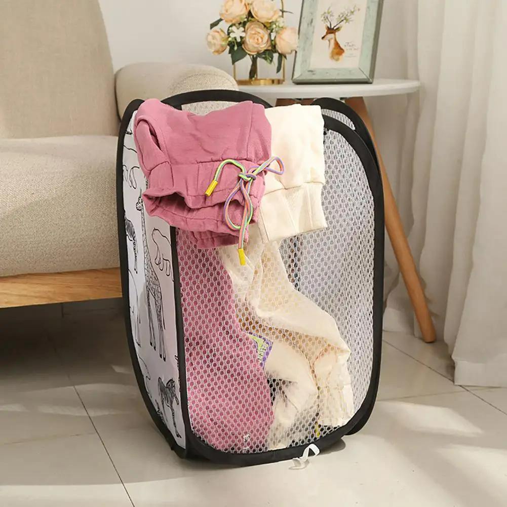 Cartoon Foldable Dirty Clothes Basket Three sided Grid Dirty Clothes Basket Breathable Dirty Clothes Storage Basket