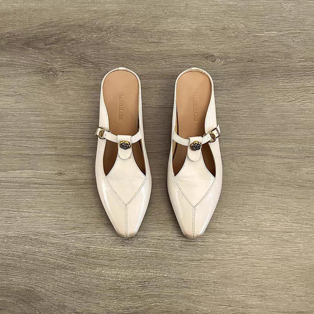 Cowhide Version~ Retro Pointed Camellia Cool Slippers Women Wear Leather Thick Heels Single Shoes