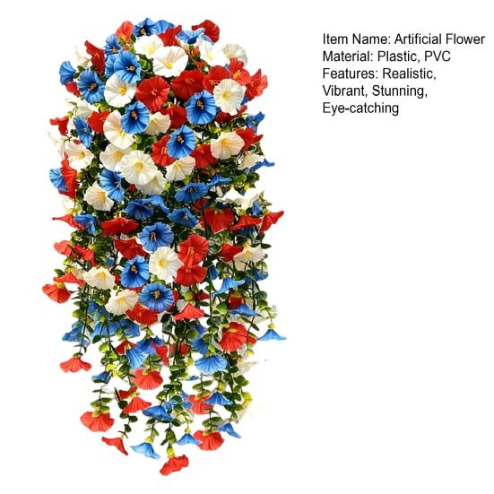 Patriotic Red White Blue Hanging Flowers Artificial Morning Glory Flower Vine UV Resistant Fake Plants for 4th of July Memorial Day Independence Day