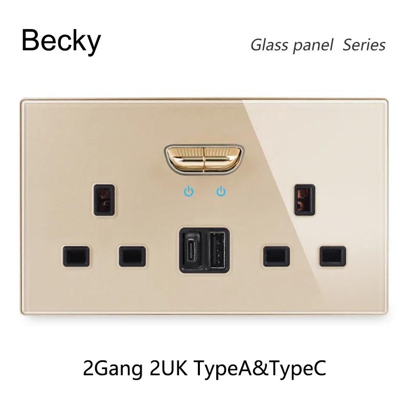 

146 Type Tempered Glass Panel Reset Toggle Switch LED TypeA TypeC 2Gang UN Socket Wall, Home, Hotel Switch Socket Combination