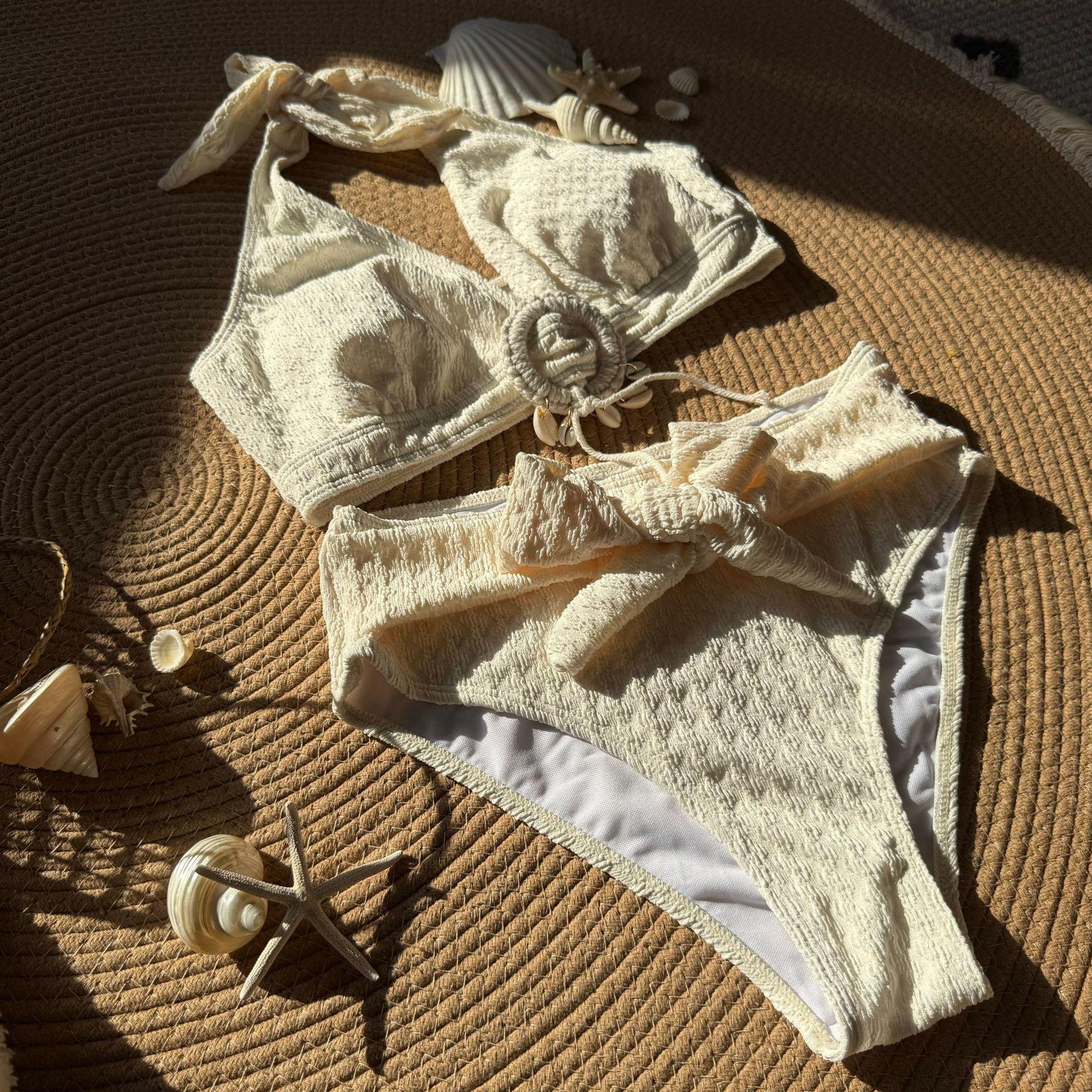 European and American small fresh shell beach special fabric high waist split swimsuit swimsuit S