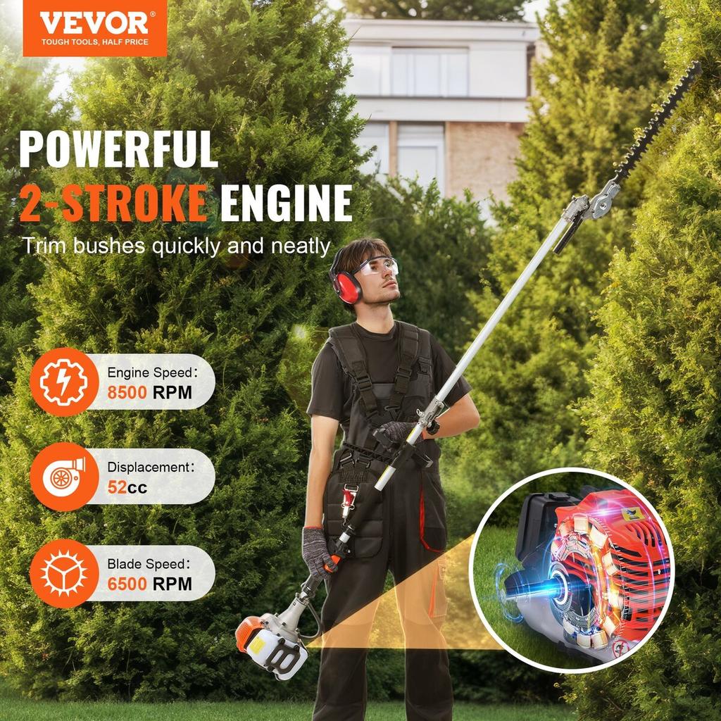 6-in-1 Multi-Functional Trimming Tools Gas Hedge Trimmer 52CC Weed Eater