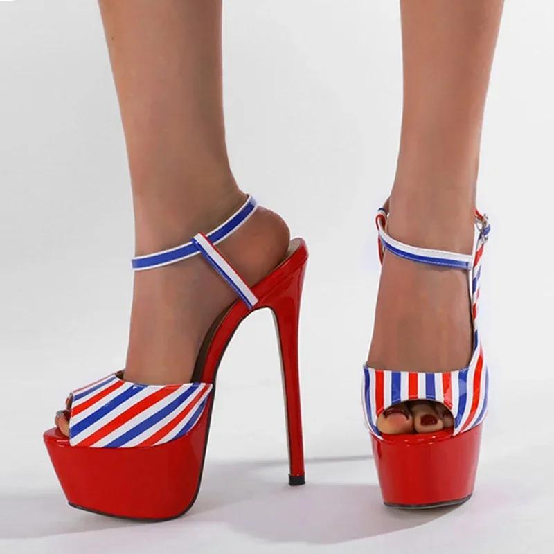 Fashion New Designer Summer Striped Ankle Strap Platform Sandals Women Sexy 16CM Fetish High Heels Wedding Banquet Shoes Stilettos Heels