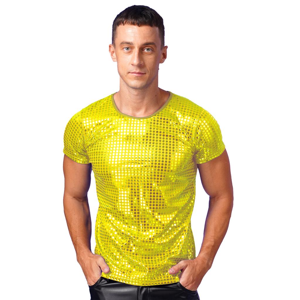 Men's Shiny Oil Short Sleeve Mock Neck Crop Top - Muscle Fit, Disco Party, Stage Performance