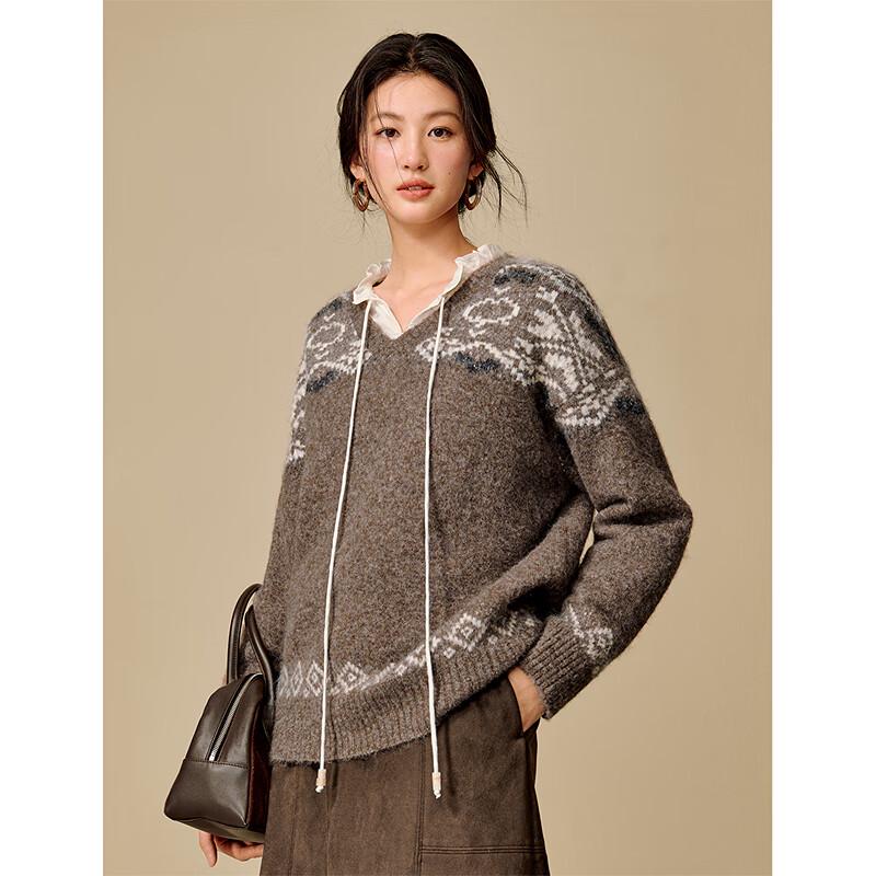 INMAN Damen Retro Jacquard V-Ausschnitt Drop Shoulder Pullover
