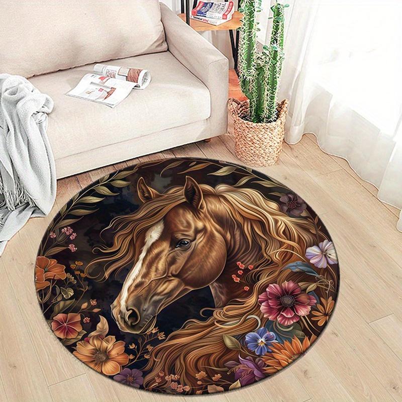 Crystal Velvet Long-haired Horse Print Round Carpet with Floral Design - Suitable for Bedroom, Living Room, and Home Decoration - Non-slip M