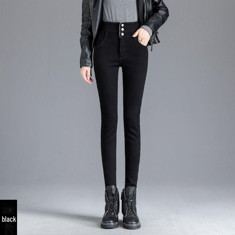 "2024 Women's High Waist Slim Fit Elastic Jeans - Versatile Plus Velvet Pencil Pants for Autumn/Winter"