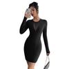 Spring Autumn Women Solid Color Mesh Patchwork Chest Design Long Sleeve Slim Fit Dress Mature Style French Retro Slim Sexy Elegant Women Maxi Dress