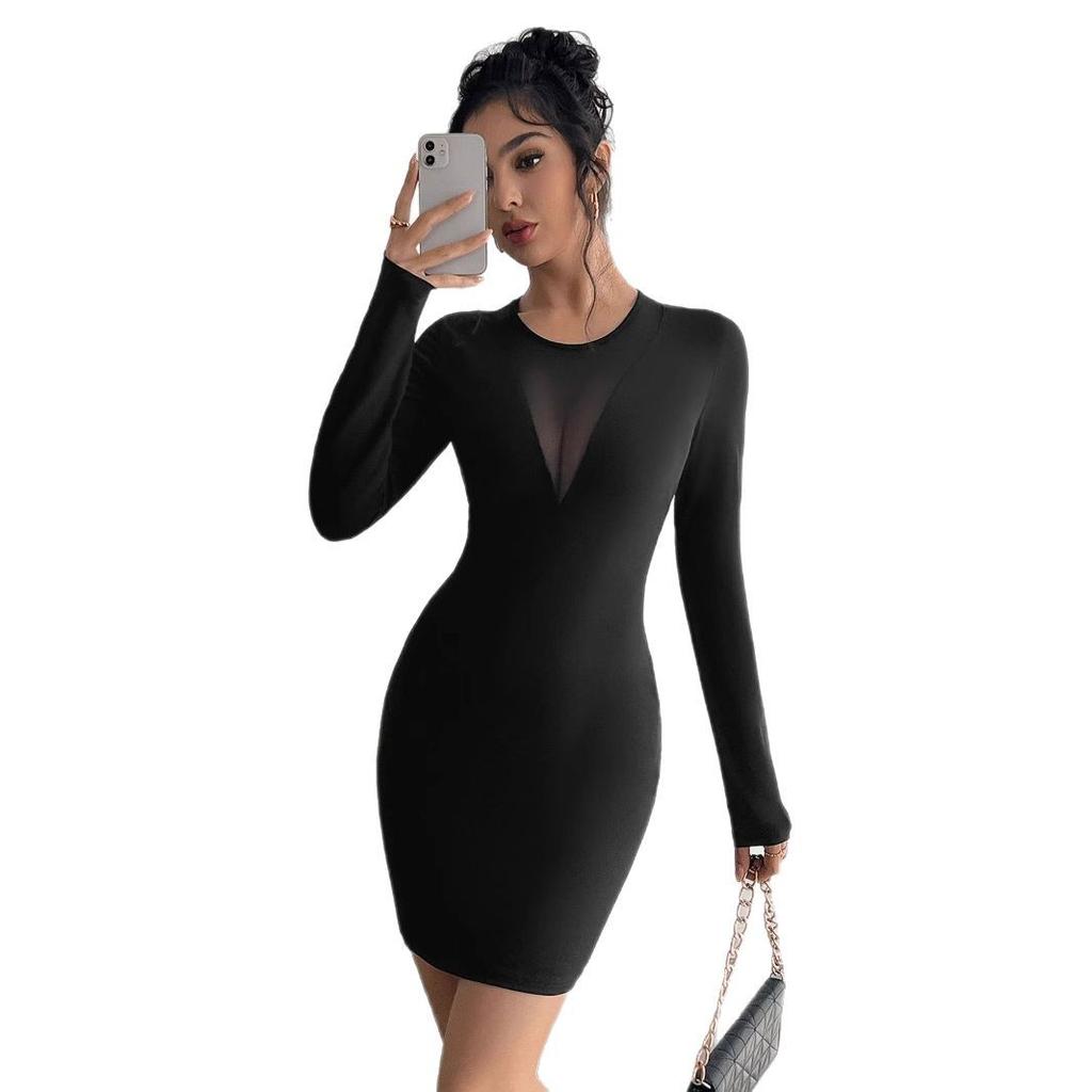 Spring Autumn Women Solid Color Mesh Patchwork Chest Design Long Sleeve Slim Fit Dress Mature Style French Retro Slim Sexy Elegant Women Maxi Dress