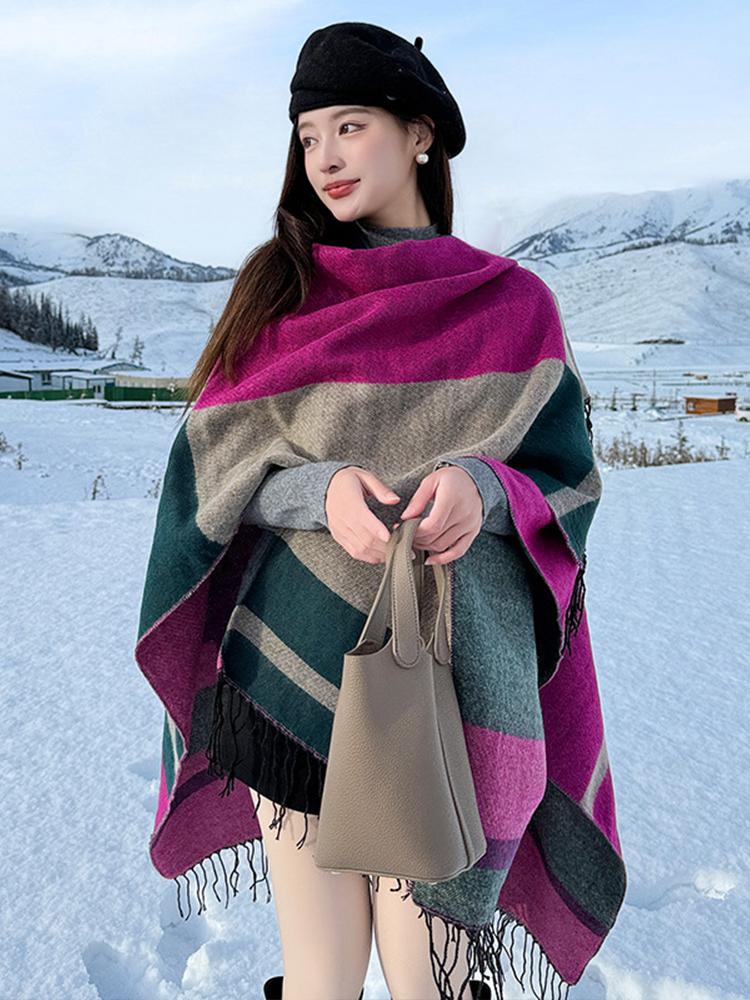 Winter Scarf Women Ladies Layers Poncho Elegant Plaid Tassel Wraps Shawl Casual Warm Scarve Capa Para Mujer Pashmina Cloak New
